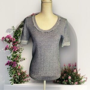 NWT Ann Taylor Navy Blue & White Sweater Knit Scoopneck Short Sleeve Top Size S